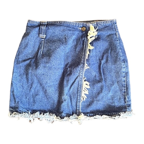 VINTAGE Oscar De La Renta Denim Wrap Skirt Mini Frayed Jean Size 13 - Picture 1 of 8